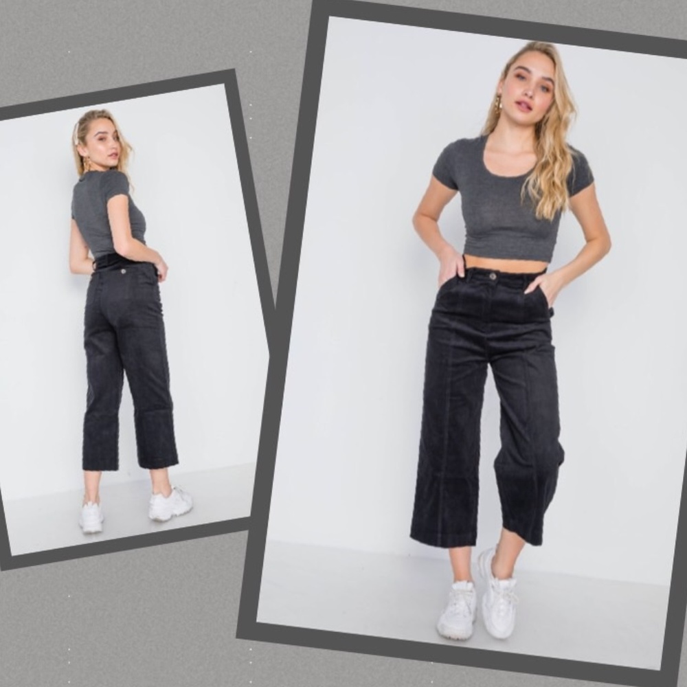Black Corduroy Cropped Pant Wide Leg High Waist L